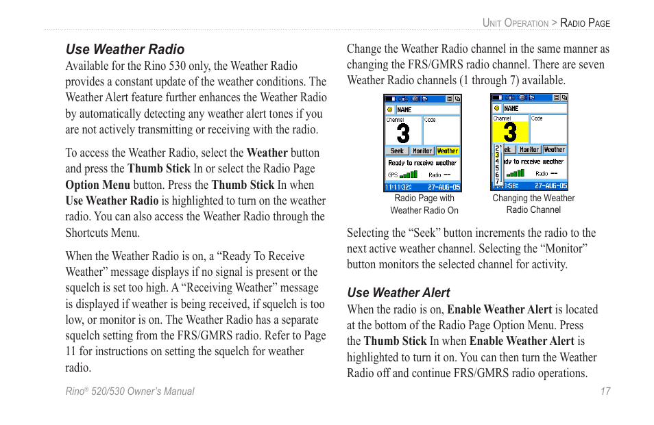 Use weather radio, Use weather alert | Garmin 520 User Manual | Page 27 / 132