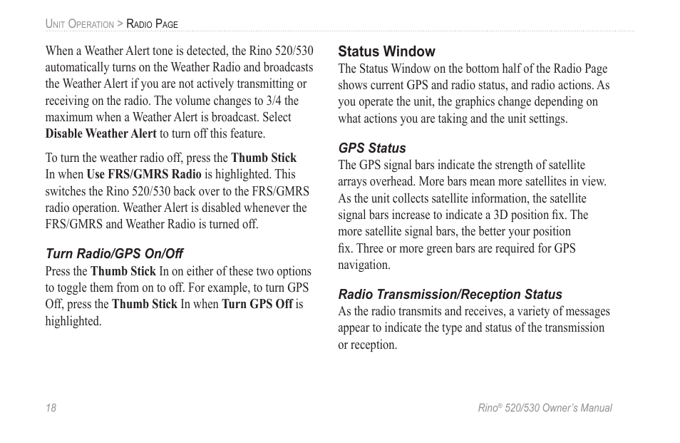 Turn radio/gps on/off, Status window, Gps status | Radio transmission/reception status | Garmin 520 User Manual | Page 28 / 132