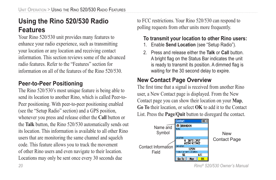 Using the rino 520/530 radio features, Peer-to-peer positioning | Garmin 520 User Manual | Page 30 / 132