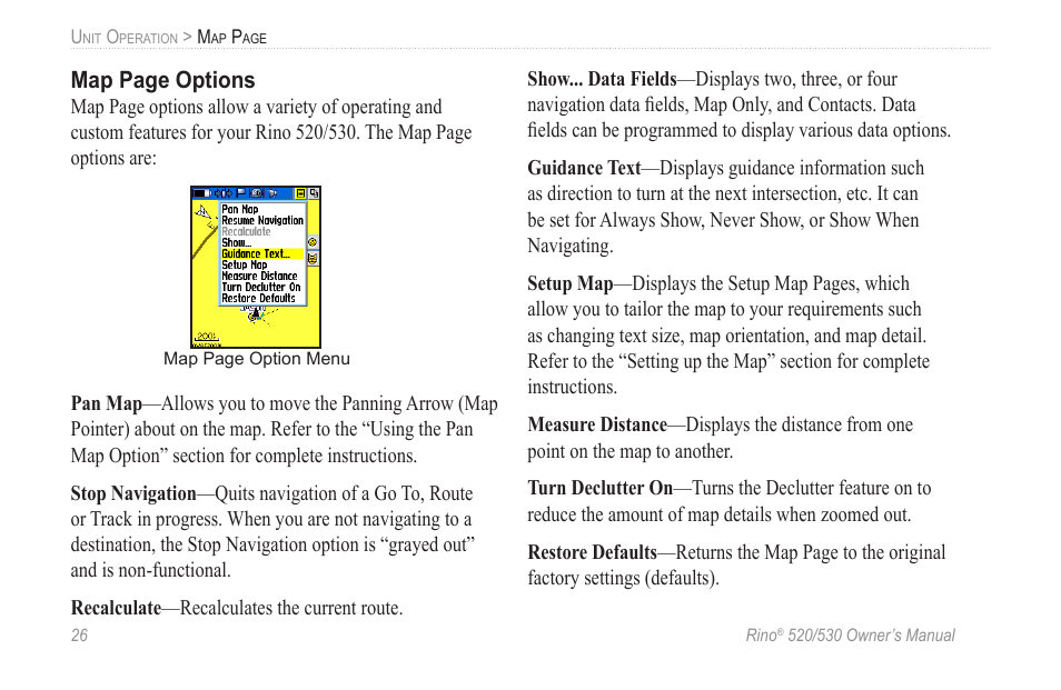 Map page options | Garmin 520 User Manual | Page 36 / 132