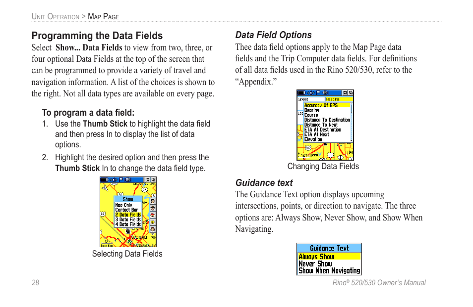 Programming the data fields | Garmin 520 User Manual | Page 38 / 132