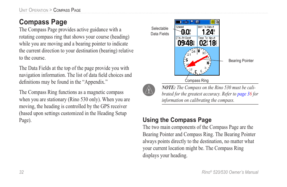 Compass page, Using the compass page | Garmin 520 User Manual | Page 42 / 132