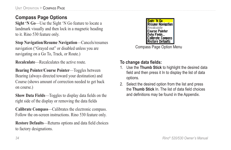 Compass page options | Garmin 520 User Manual | Page 44 / 132