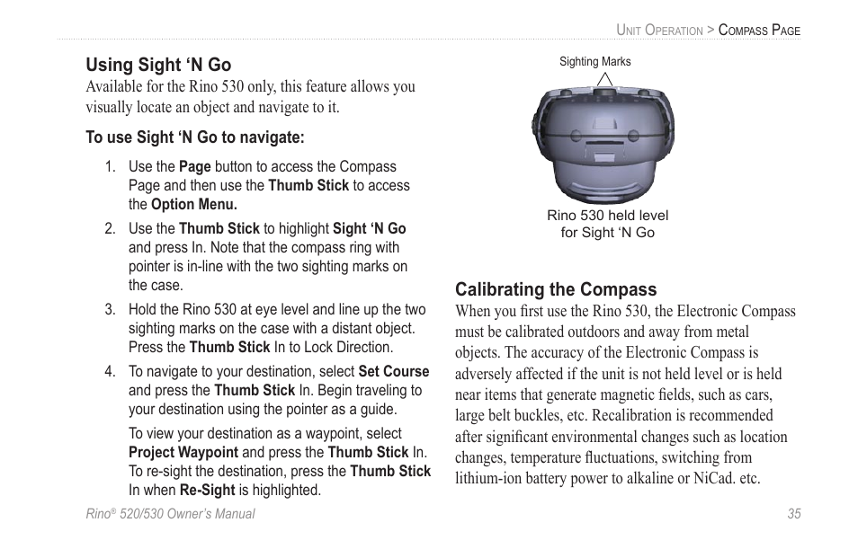 Using sight ‘n go, Calibrating the compass | Garmin 520 User Manual | Page 45 / 132