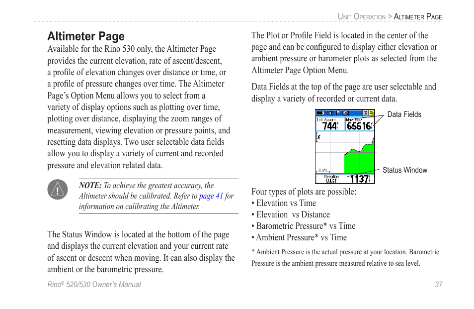 Altimeter page | Garmin 520 User Manual | Page 47 / 132