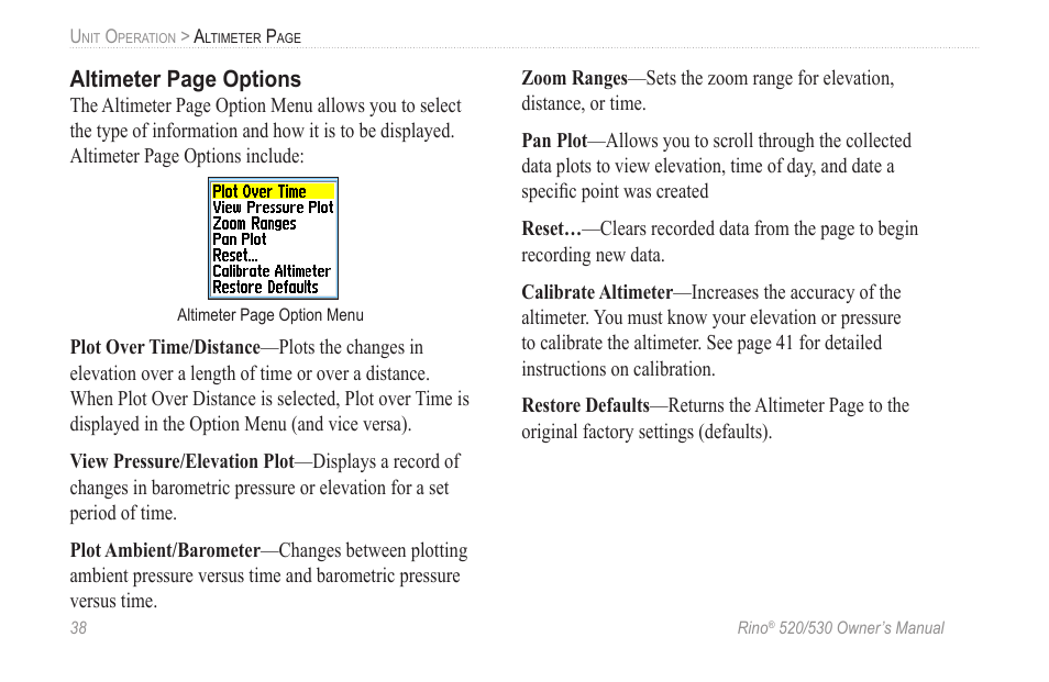 Altimeter page options | Garmin 520 User Manual | Page 48 / 132