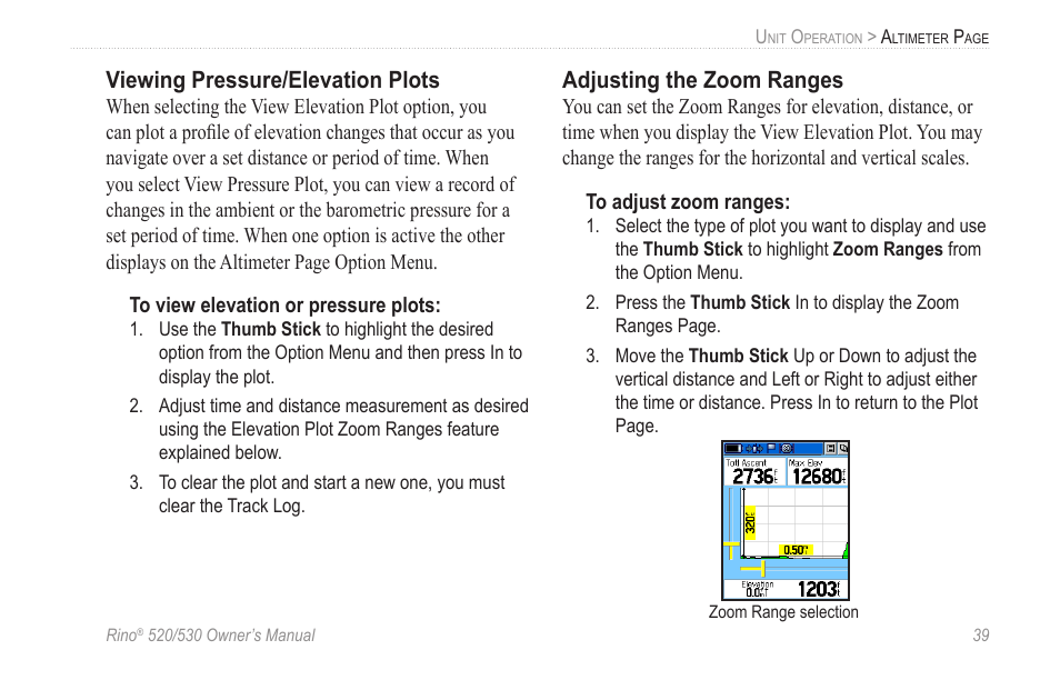 Viewing pressure/elevation plots, Adjusting the zoom ranges | Garmin 520 User Manual | Page 49 / 132