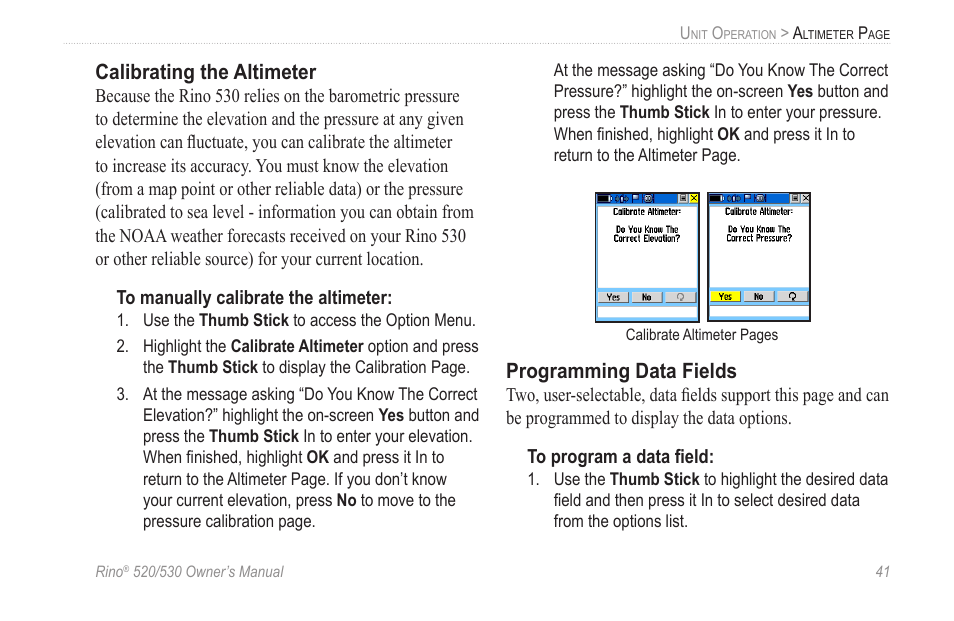 Calibrating the altimeter, Programming data fields | Garmin 520 User Manual | Page 51 / 132