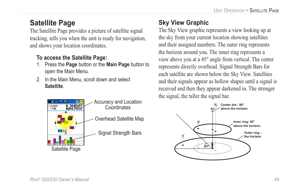 Sky view graphic, Satellite page | Garmin 520 User Manual | Page 53 / 132