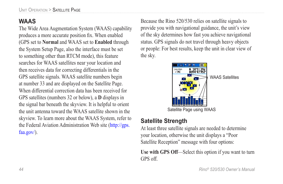 Waas, Satellite strength | Garmin 520 User Manual | Page 54 / 132