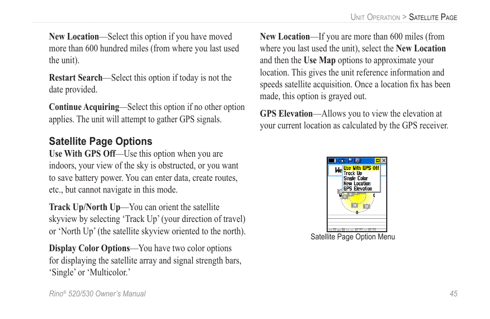 Satellite page options | Garmin 520 User Manual | Page 55 / 132