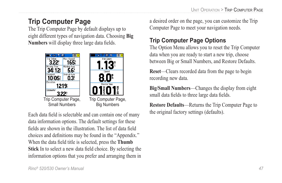 Trip computer page, Trip computer page options | Garmin 520 User Manual | Page 57 / 132