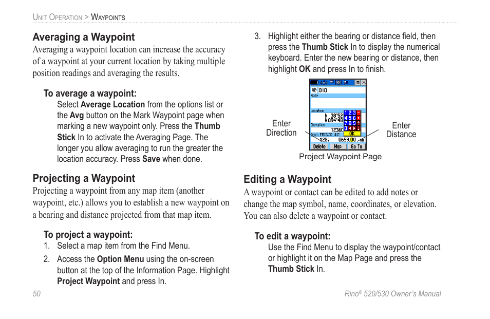 Averaging a waypoint, Projecting a waypoint, Editing a waypoint | Garmin 520 User Manual | Page 60 / 132