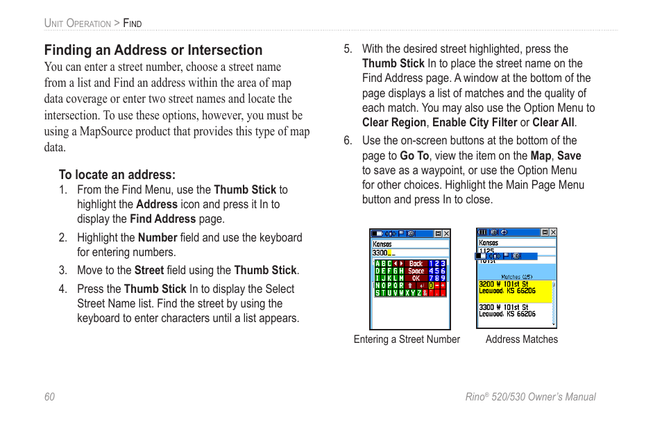 Finding an address or intersection | Garmin 520 User Manual | Page 70 / 132