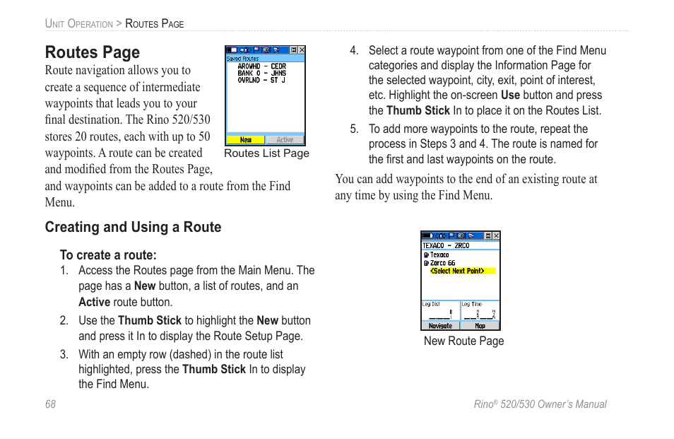 Routes page | Garmin 520 User Manual | Page 78 / 132