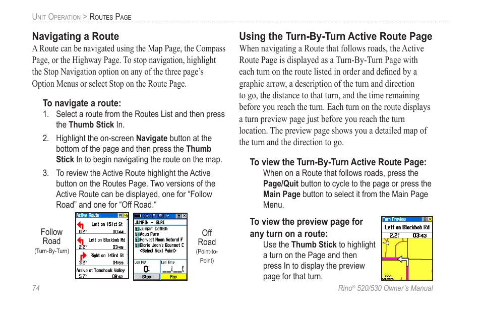 Navigating a route, Using the turn-by-turn active route page | Garmin 520 User Manual | Page 84 / 132