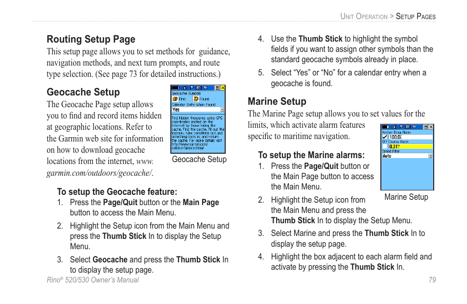 Geocache setup, Marine setup | Garmin 520 User Manual | Page 89 / 132