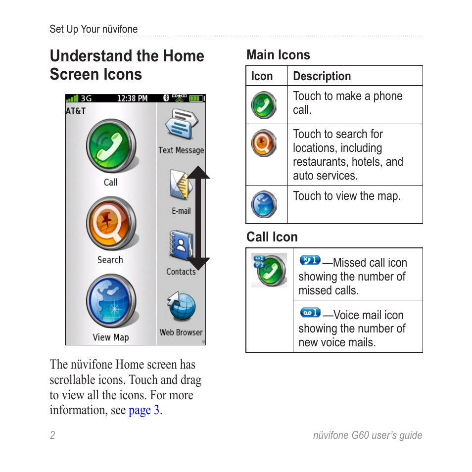 Understand the home screen icons, Understand the home screen, Icons | Garmin G60 User Manual | Page 10 / 104