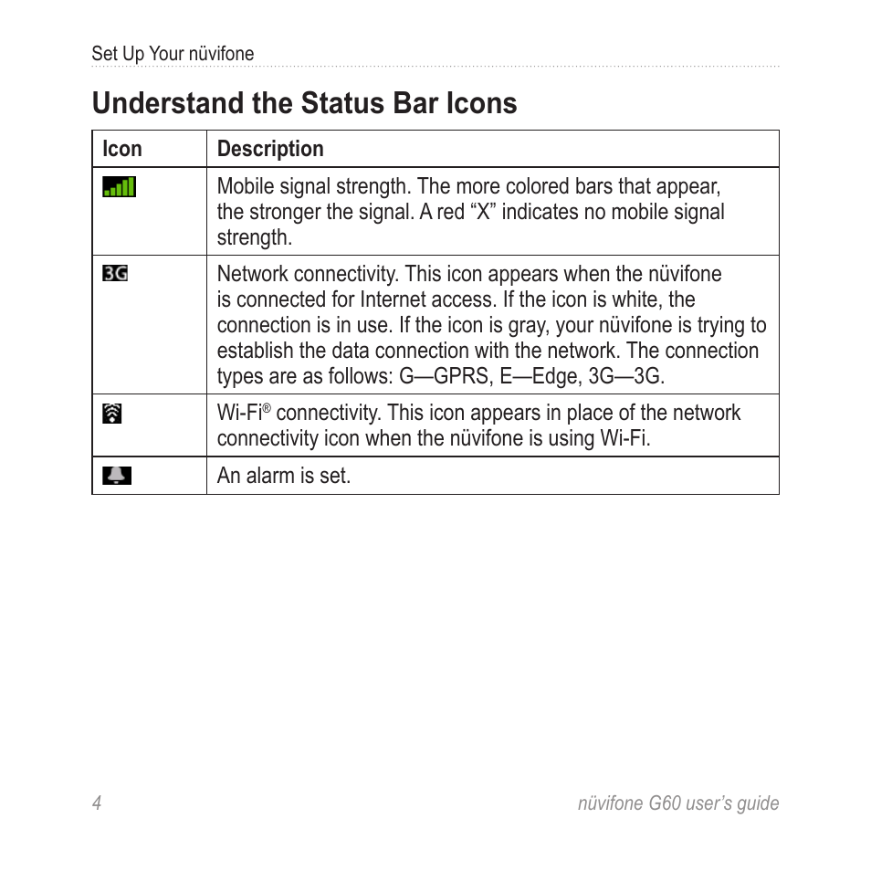 Understand the status bar icons, Understand the status bar, Icons | Garmin G60 User Manual | Page 12 / 104