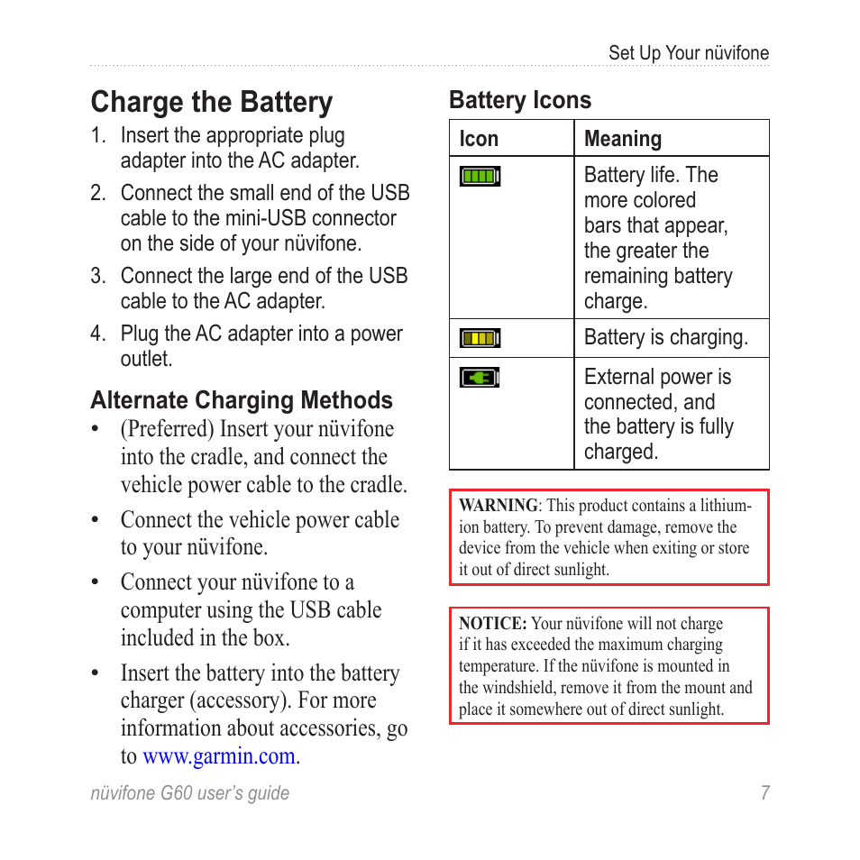 Charge the battery | Garmin G60 User Manual | Page 15 / 104