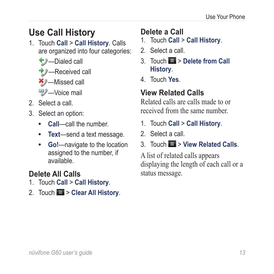 Use call history | Garmin G60 User Manual | Page 21 / 104