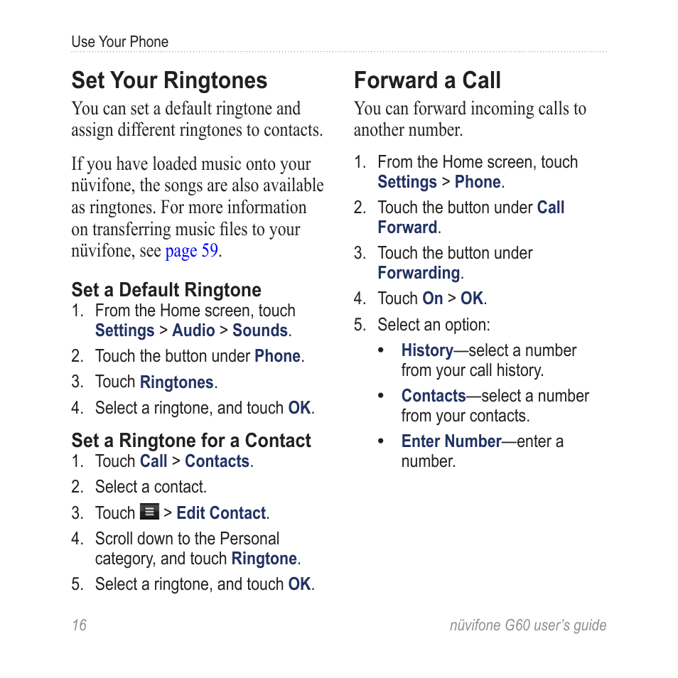 Set your ringtones, Forward a call | Garmin G60 User Manual | Page 24 / 104