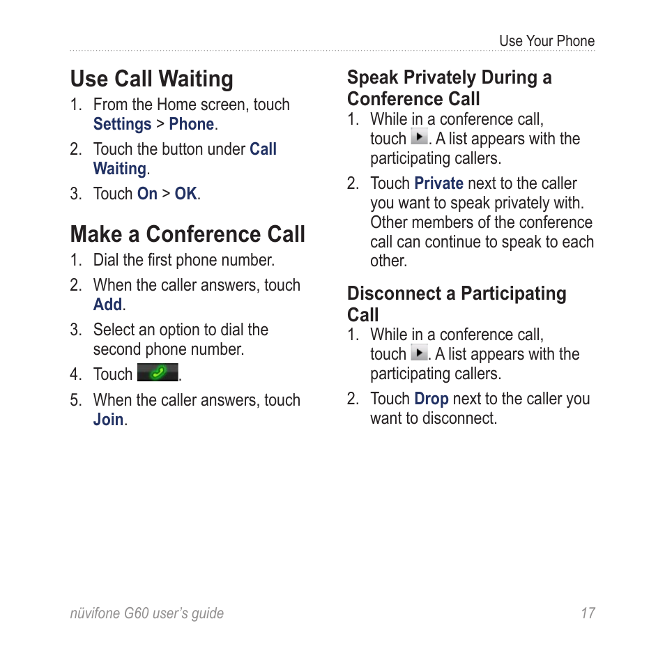 Use call waiting, Make a conference call | Garmin G60 User Manual | Page 25 / 104