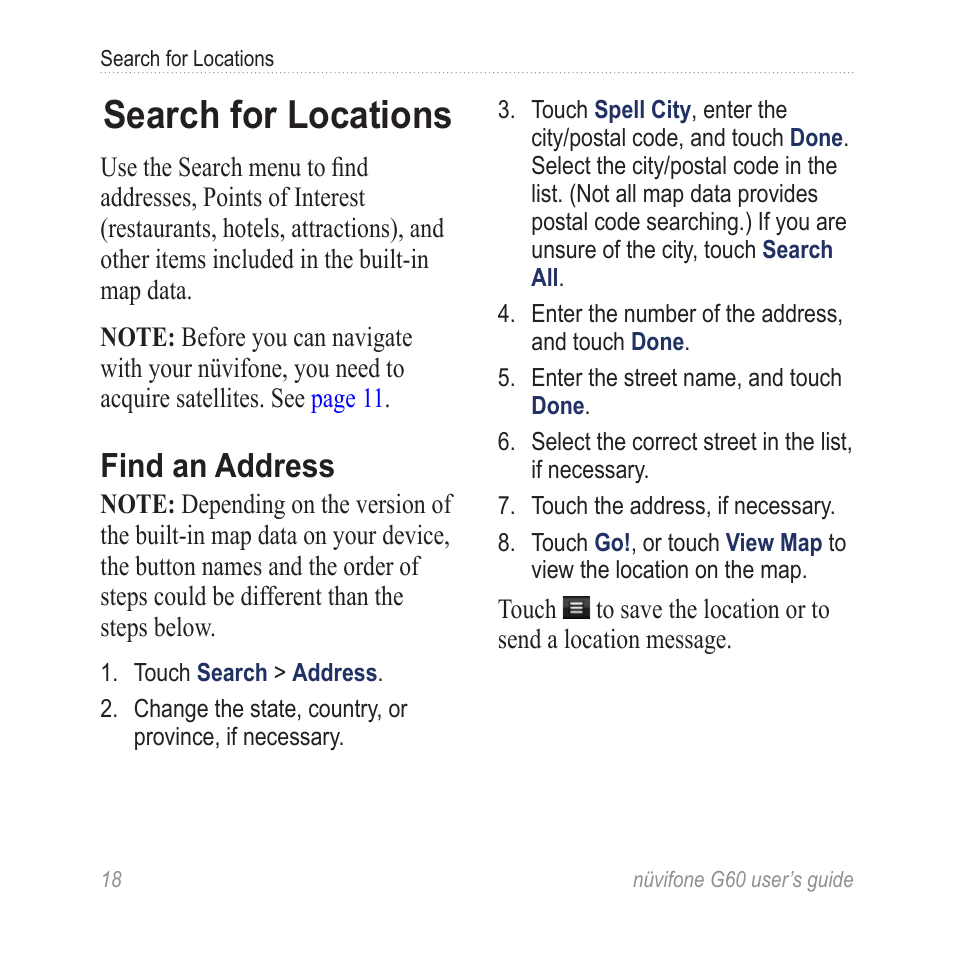 Search for locations, Find an address | Garmin G60 User Manual | Page 26 / 104