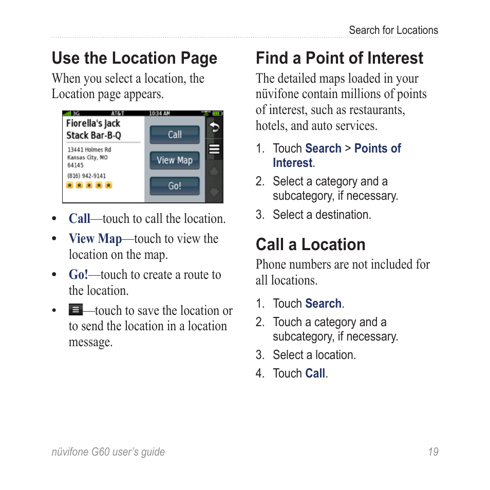 Find a point of interest, Call a location, Use the location page | Garmin G60 User Manual | Page 27 / 104