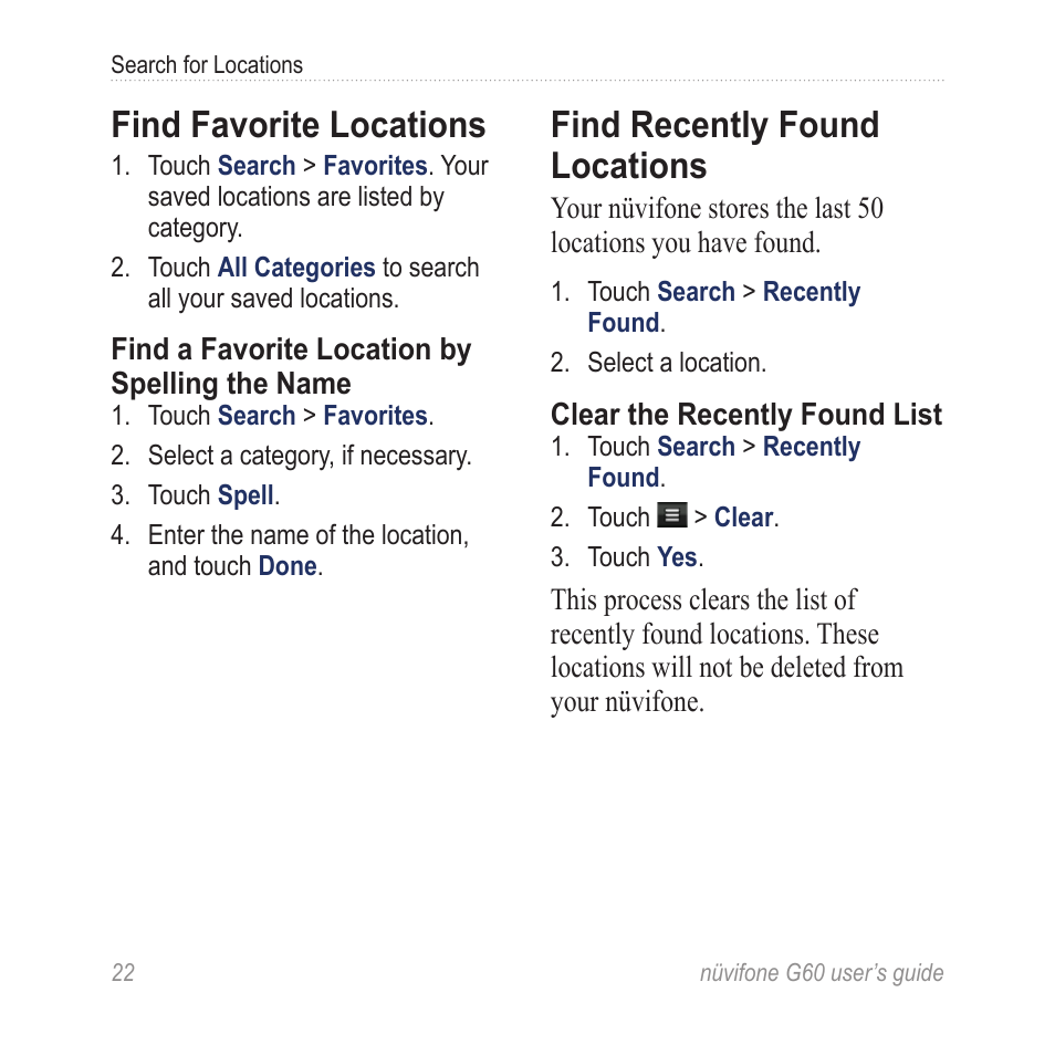 Find favorite locations, Find recently found locations, Find recently found | Locations | Garmin G60 User Manual | Page 30 / 104