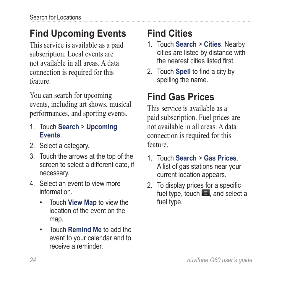 Find upcoming events, Find cities, Find gas prices | Garmin G60 User Manual | Page 32 / 104