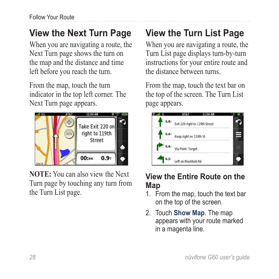 View the next turn page, View the turn list page | Garmin G60 User Manual | Page 36 / 104