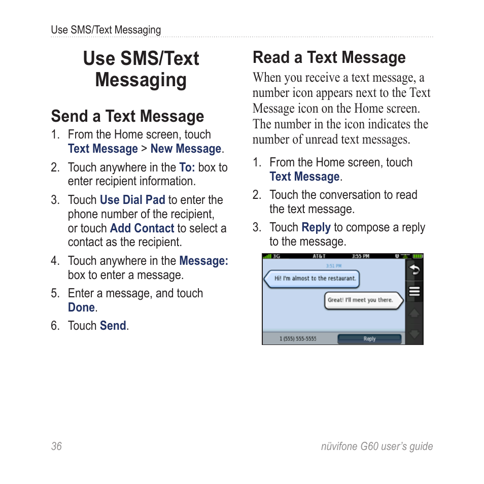 Use sms/text messaging, Send a text message, Read a text message | Use sms/text, Messaging | Garmin G60 User Manual | Page 44 / 104