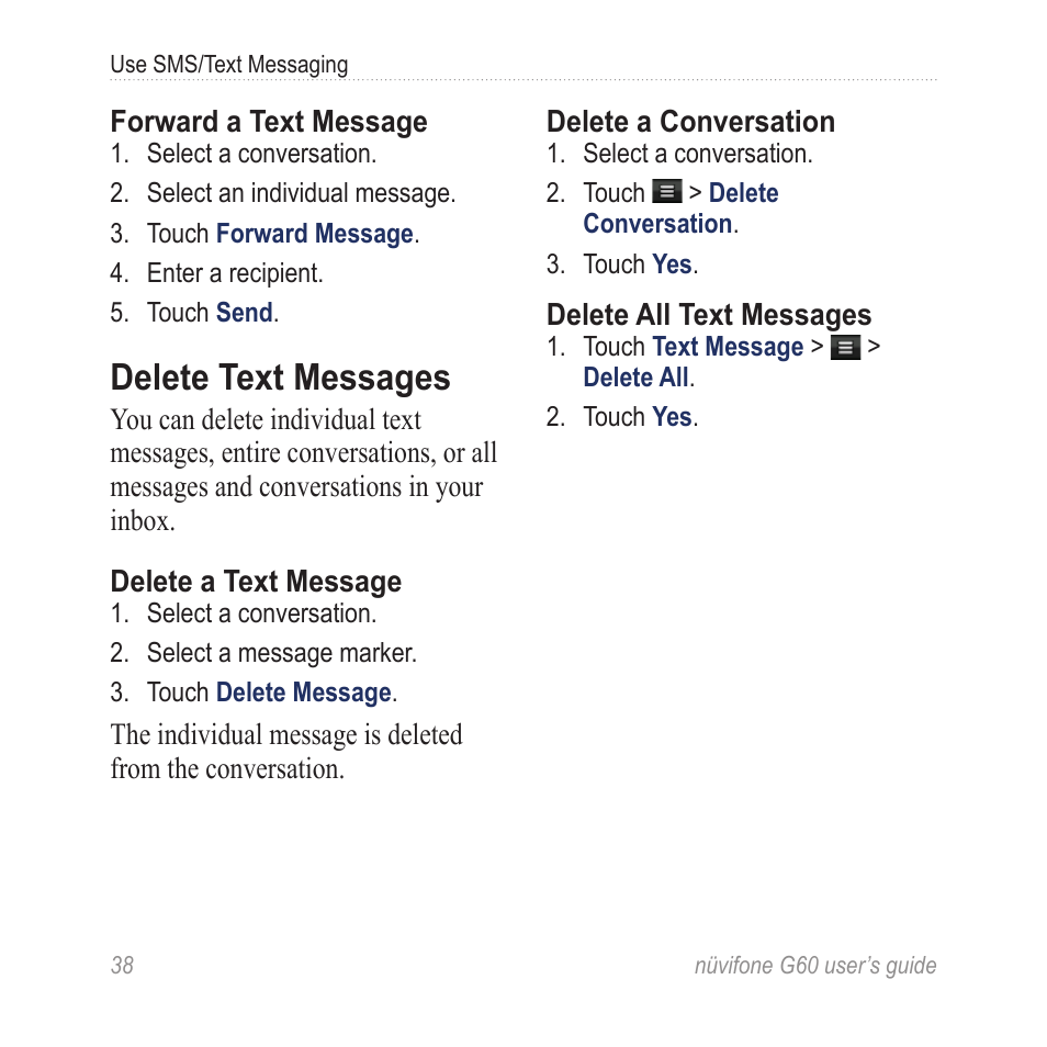 Delete text messages | Garmin G60 User Manual | Page 46 / 104