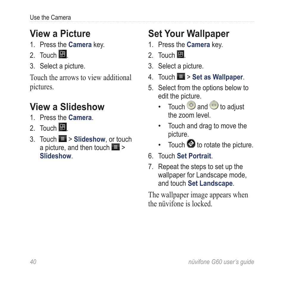 View a picture, View a slideshow, Set your wallpaper | Garmin G60 User Manual | Page 48 / 104