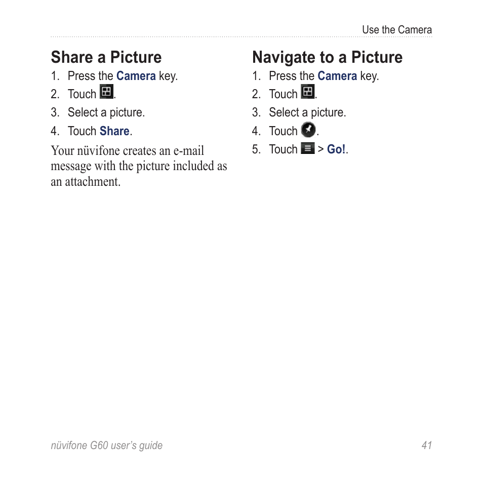 Share a picture, Navigate to a picture | Garmin G60 User Manual | Page 49 / 104