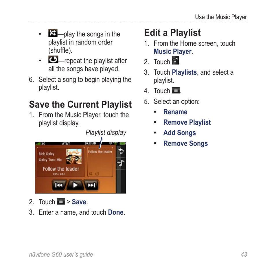 Save the current playlist, Edit a playlist | Garmin G60 User Manual | Page 51 / 104