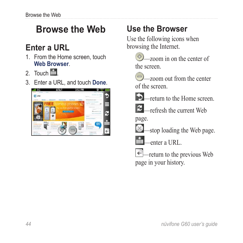 Browse the web, Enter a url, Use the browser | Garmin G60 User Manual | Page 52 / 104