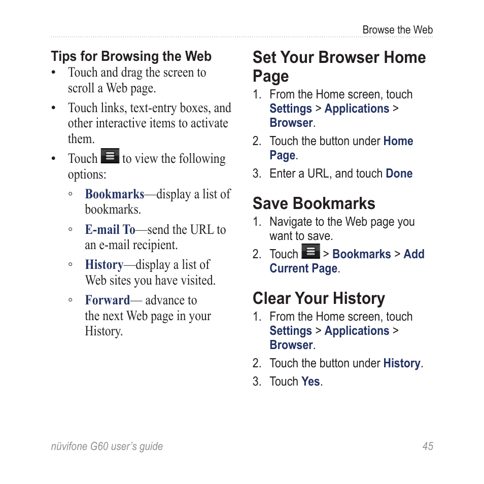 Save bookmarks, Clear your history, Set your browser home | Set your browser home page | Garmin G60 User Manual | Page 53 / 104