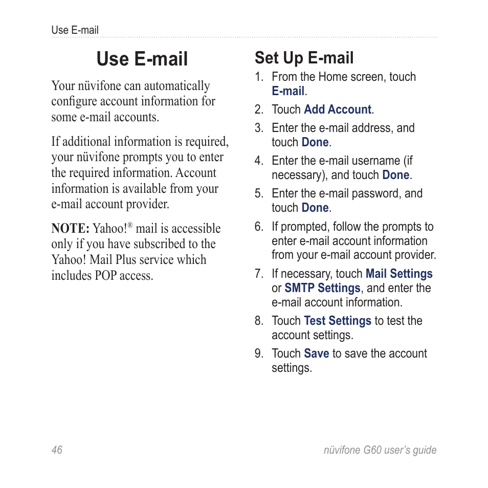 Use e-mail, Set up e-mail | Garmin G60 User Manual | Page 54 / 104