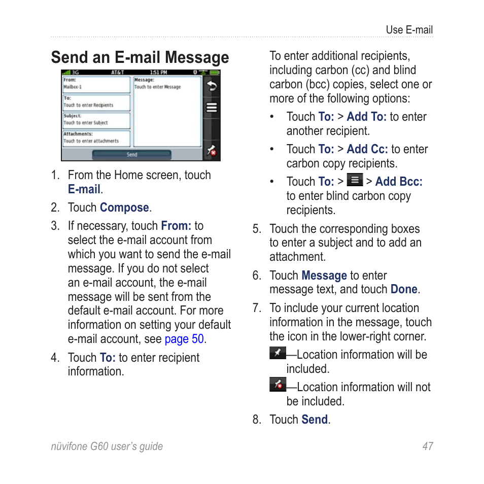 Send an e-mail message | Garmin G60 User Manual | Page 55 / 104