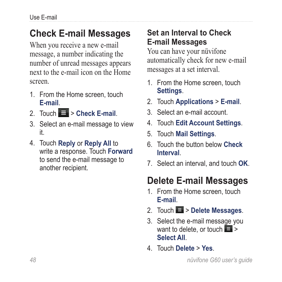 Check e-mail messages, Delete e-mail messages | Garmin G60 User Manual | Page 56 / 104