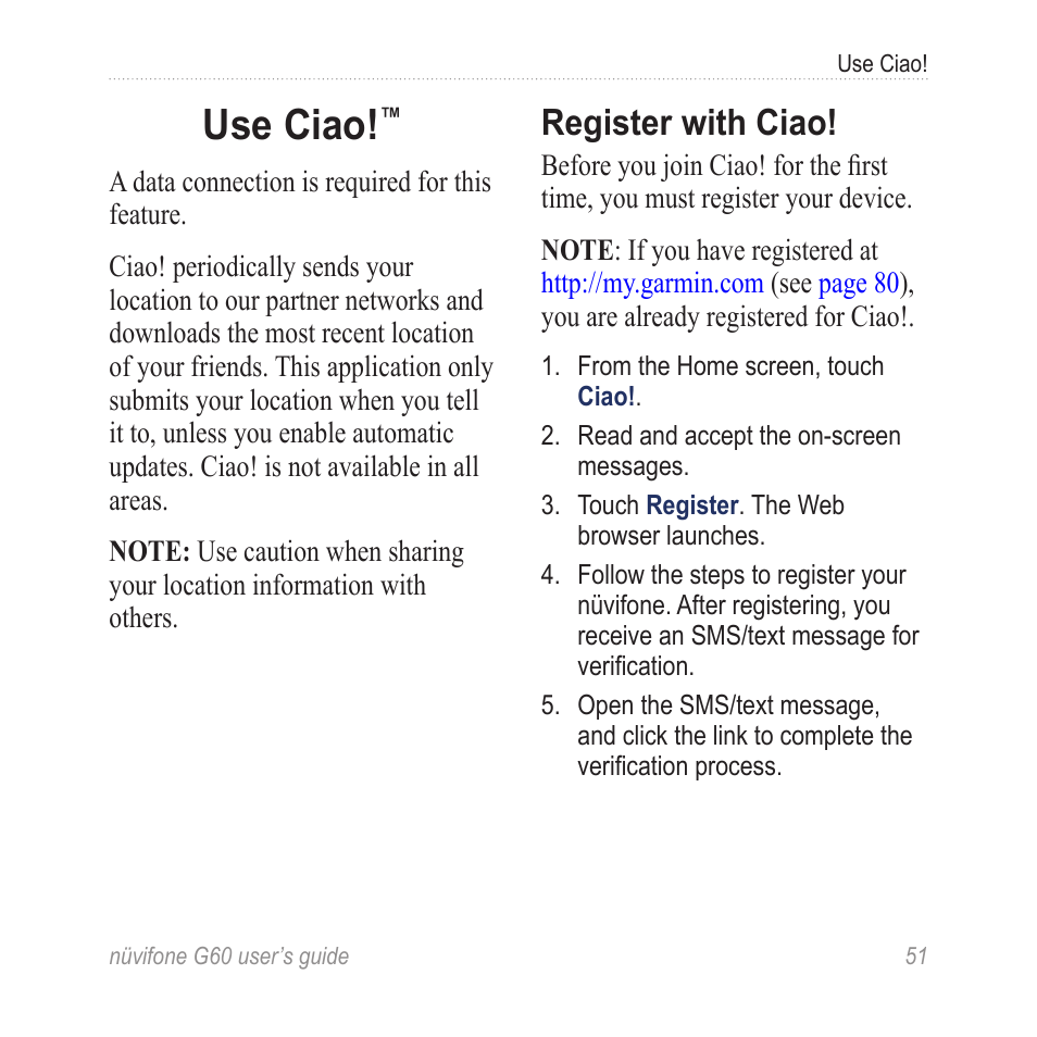 Use ciao, Register with ciao | Garmin G60 User Manual | Page 59 / 104