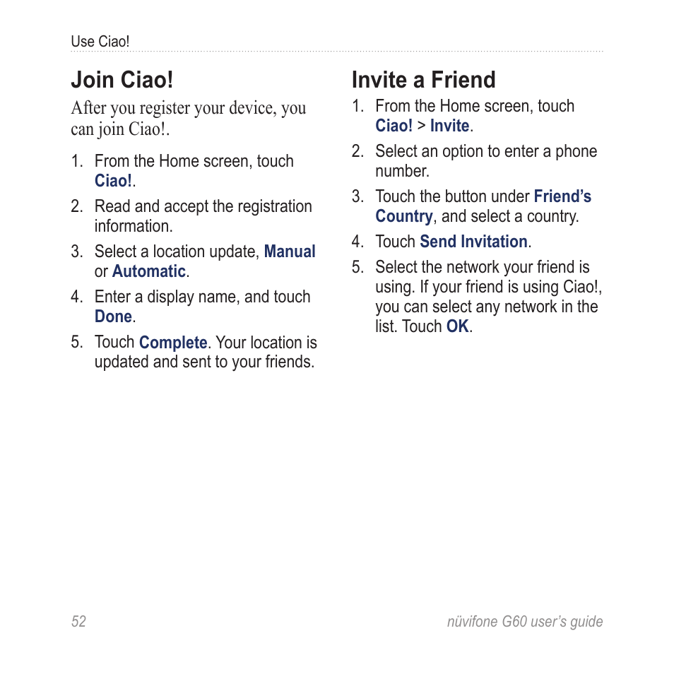 Join ciao, Invite a friend | Garmin G60 User Manual | Page 60 / 104