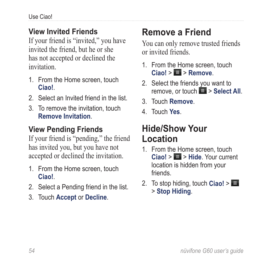 Remove a friend, Hide/show your location | Garmin G60 User Manual | Page 62 / 104