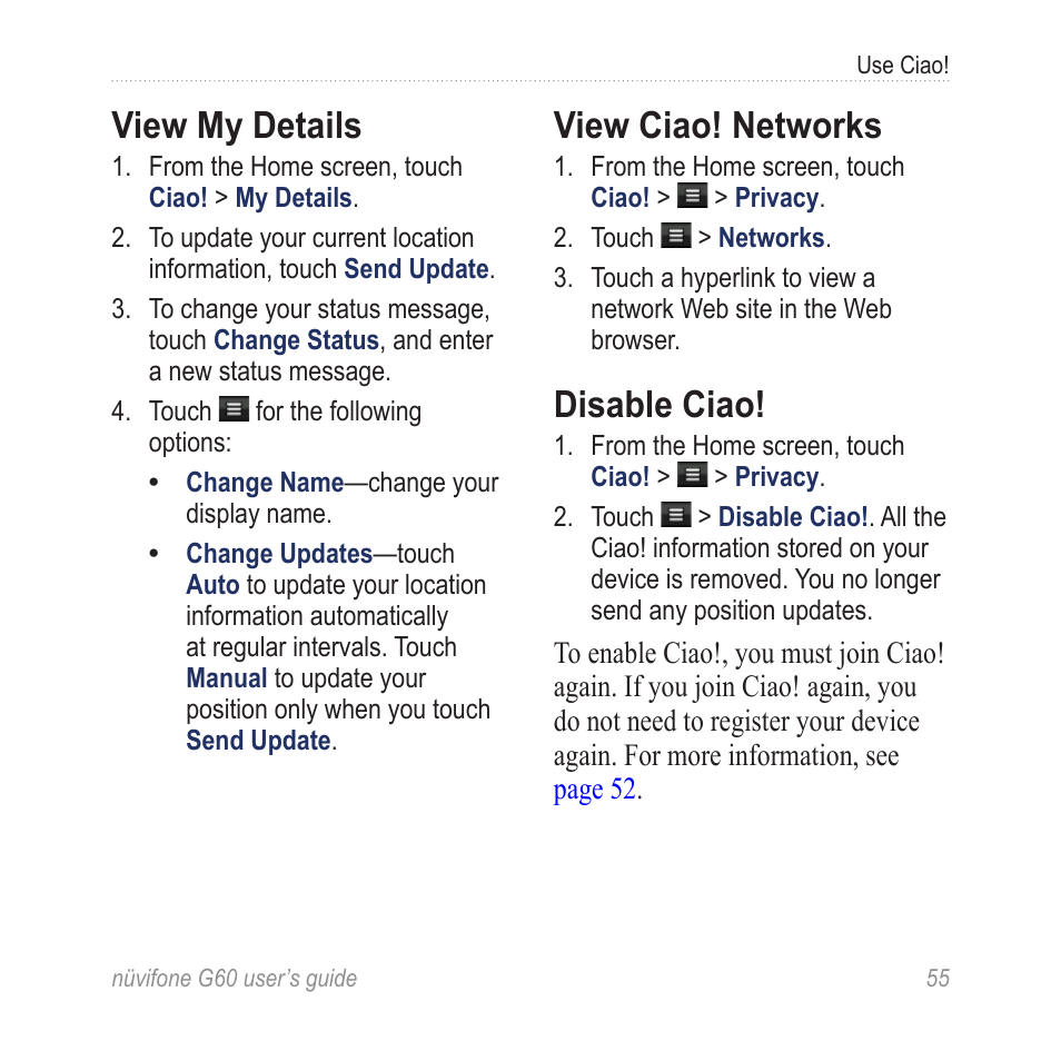 View my details, View ciao! networks, Disable ciao | Garmin G60 User Manual | Page 63 / 104