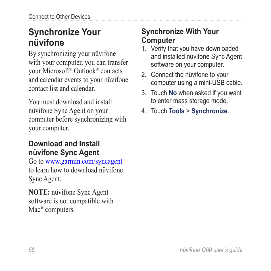 Synchronize your nüvifone | Garmin G60 User Manual | Page 66 / 104