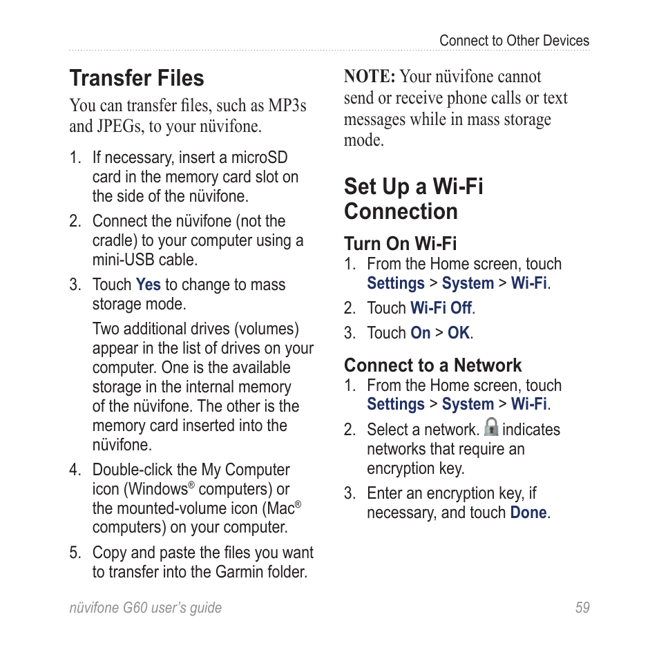 Transfer files, Set up a wi-fi connection | Garmin G60 User Manual | Page 67 / 104