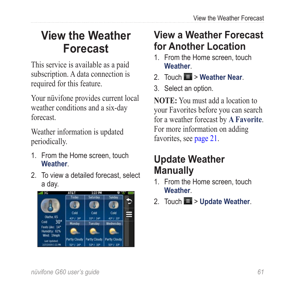 View the weather forecast, View a weather forecast for another location, Update weather manually | View the weather, Forecast, View a weather forecast for, Another location | Garmin G60 User Manual | Page 69 / 104