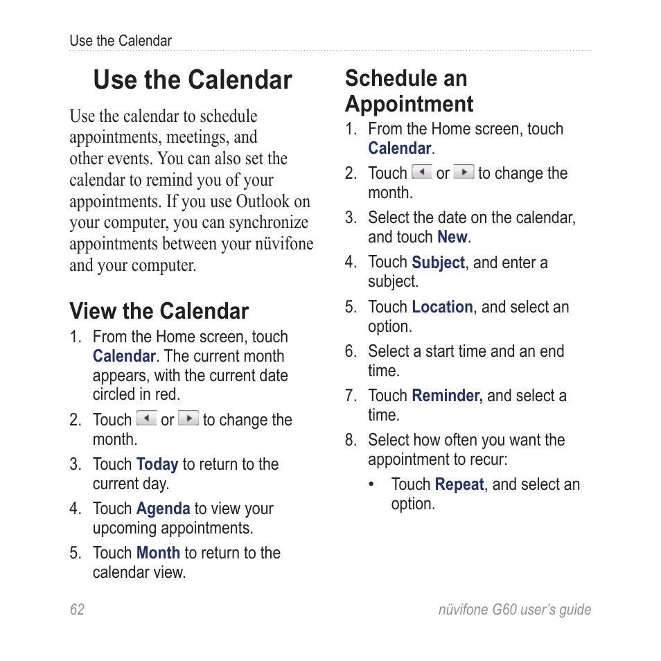 Use the calendar, View the calendar, Schedule an appointment | Garmin G60 User Manual | Page 70 / 104